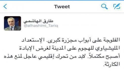 الهاشمي يكشف عن طائفيته المقيتة ويصف تحرير الفلوجة بـ الإبادة ويستنجد دوليا لإغاثة الدواعش